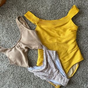 Old Navy Yellow Women Swim One Pieces. Tan and animal print one piece cut out.
